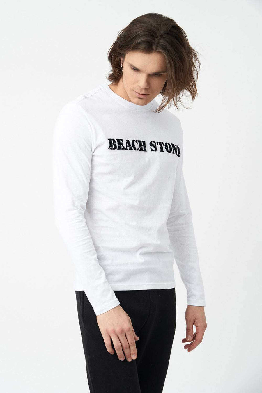 Side View of Crew Neck Long Sleeve Men's Shirts in White