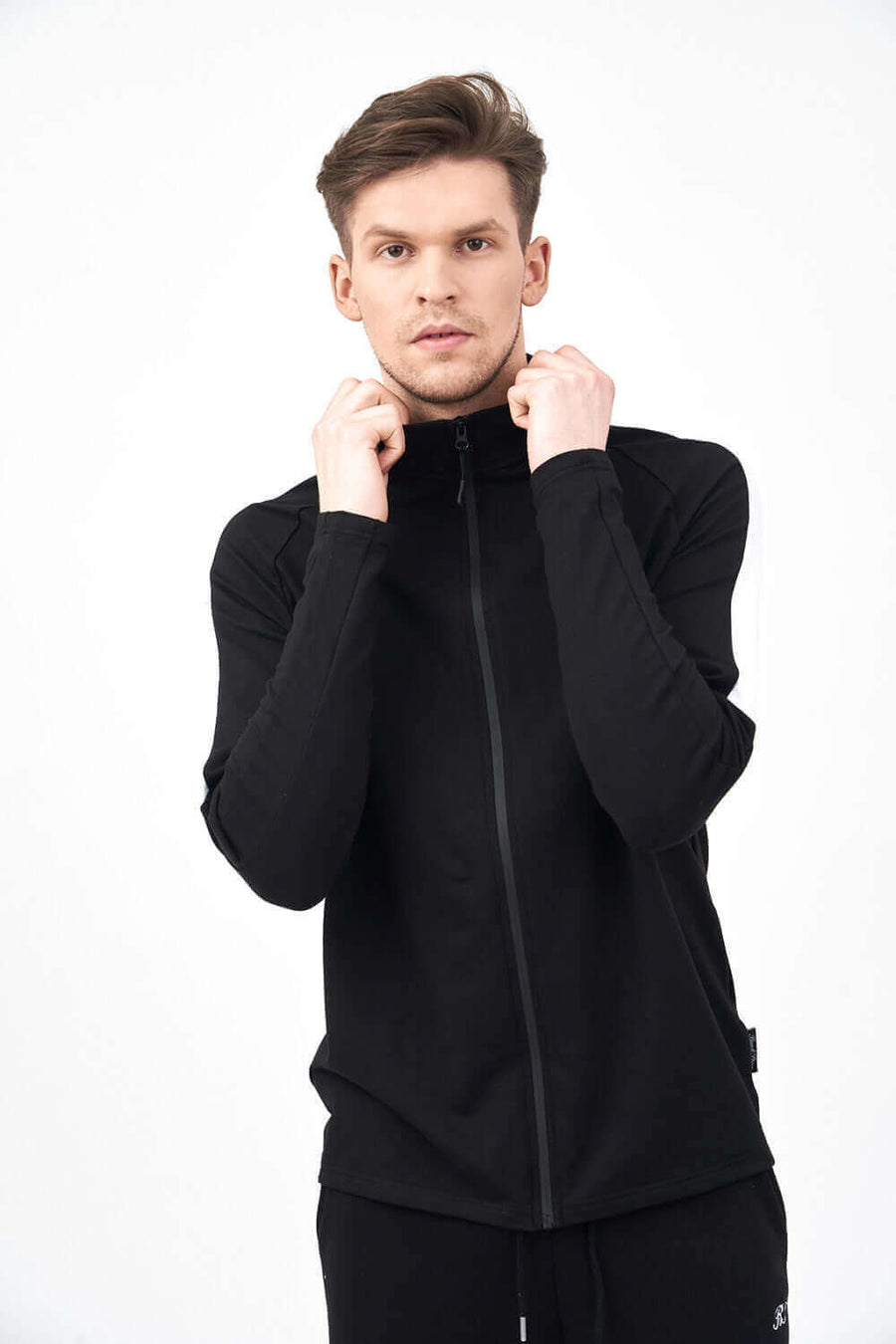 Front View of Full Zippered Funnel Neck Jacket for Men