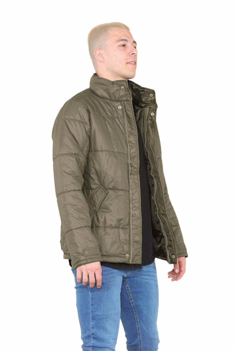 Side View of Mens Puffer Jacket in Olive