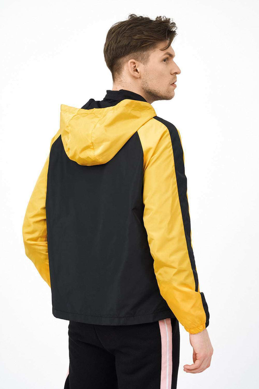 Back View of Men's Hooded Jacket with Colour Block Design
