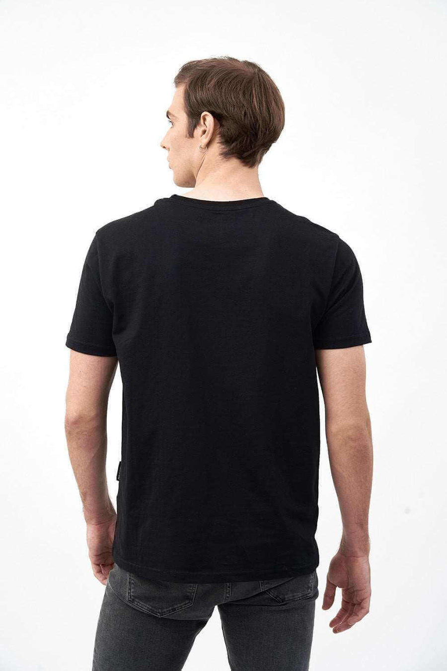 Back View of Crew Neck Men's Short Sleeve Shirts in Black