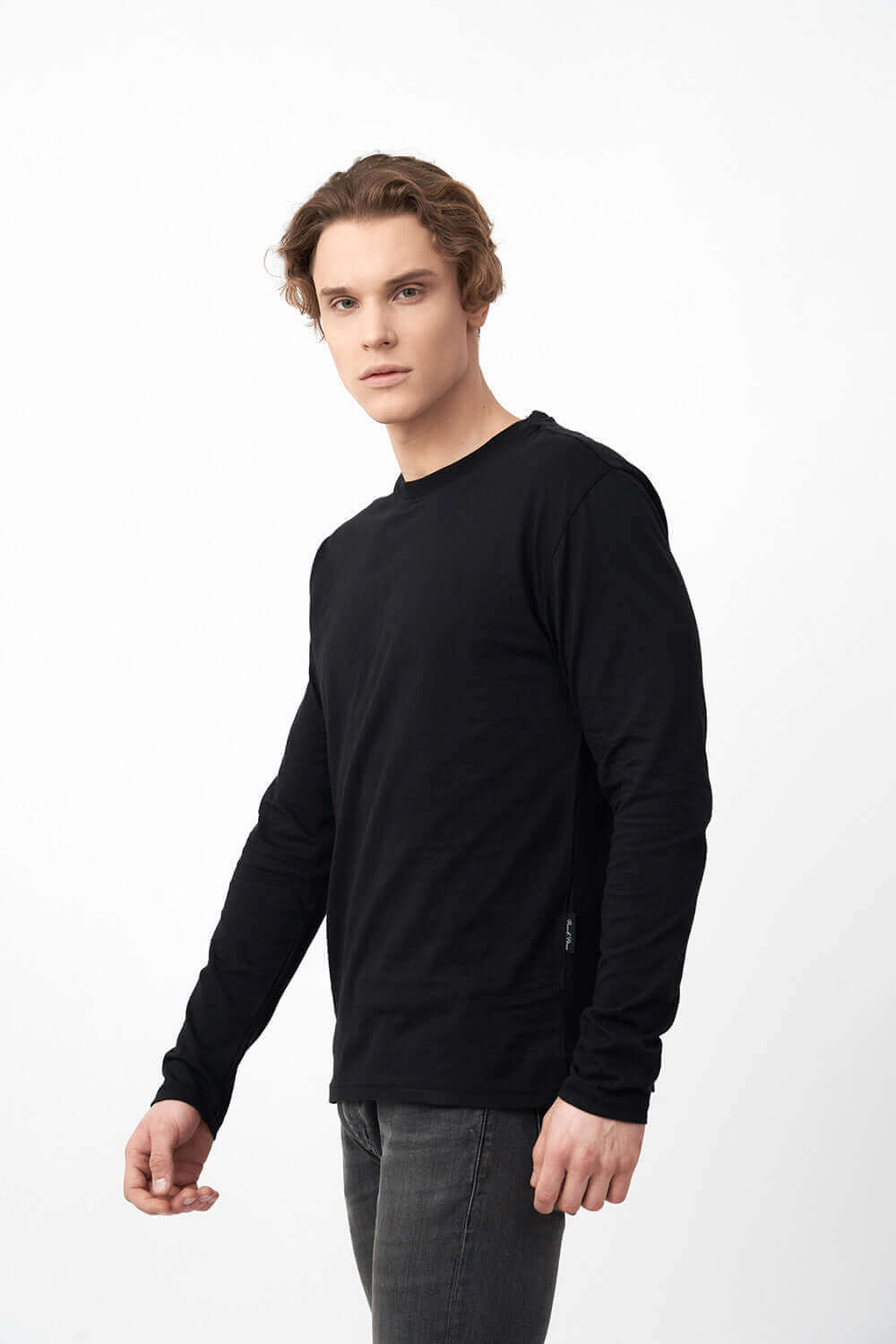 Side Pose of Crew Neck Long Sleeve Men's Shirts in Black