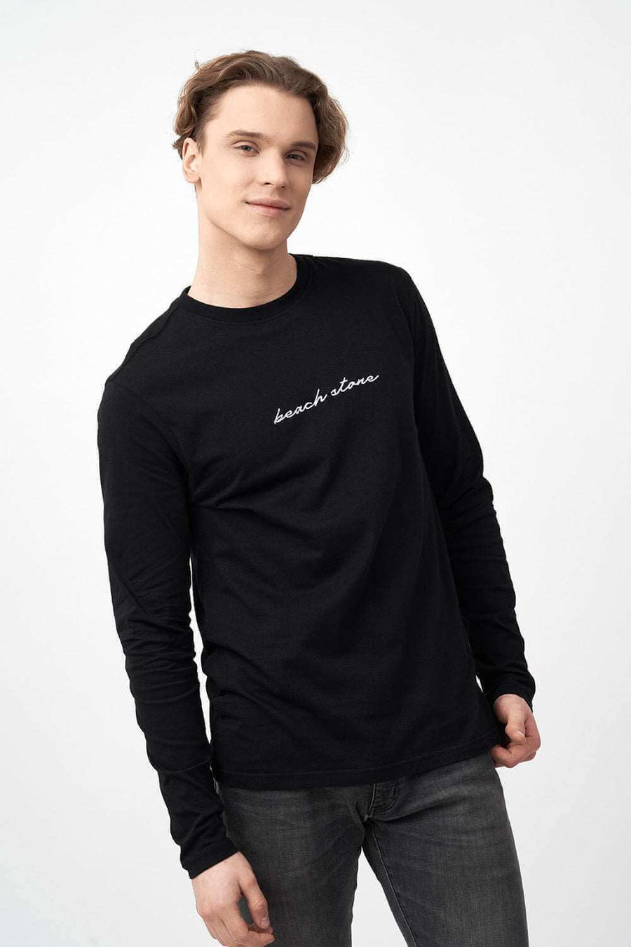 Front View of Long Sleeve Men's Shirts in Black with Embroidered Logo