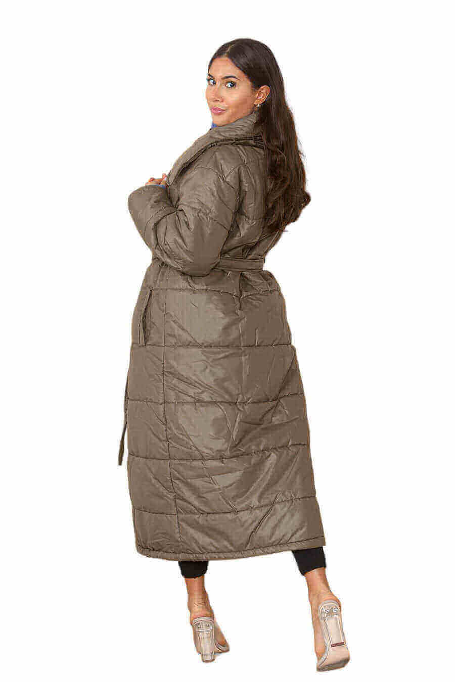 Back View of Chic Long Olive Puffer Coat for Womens
