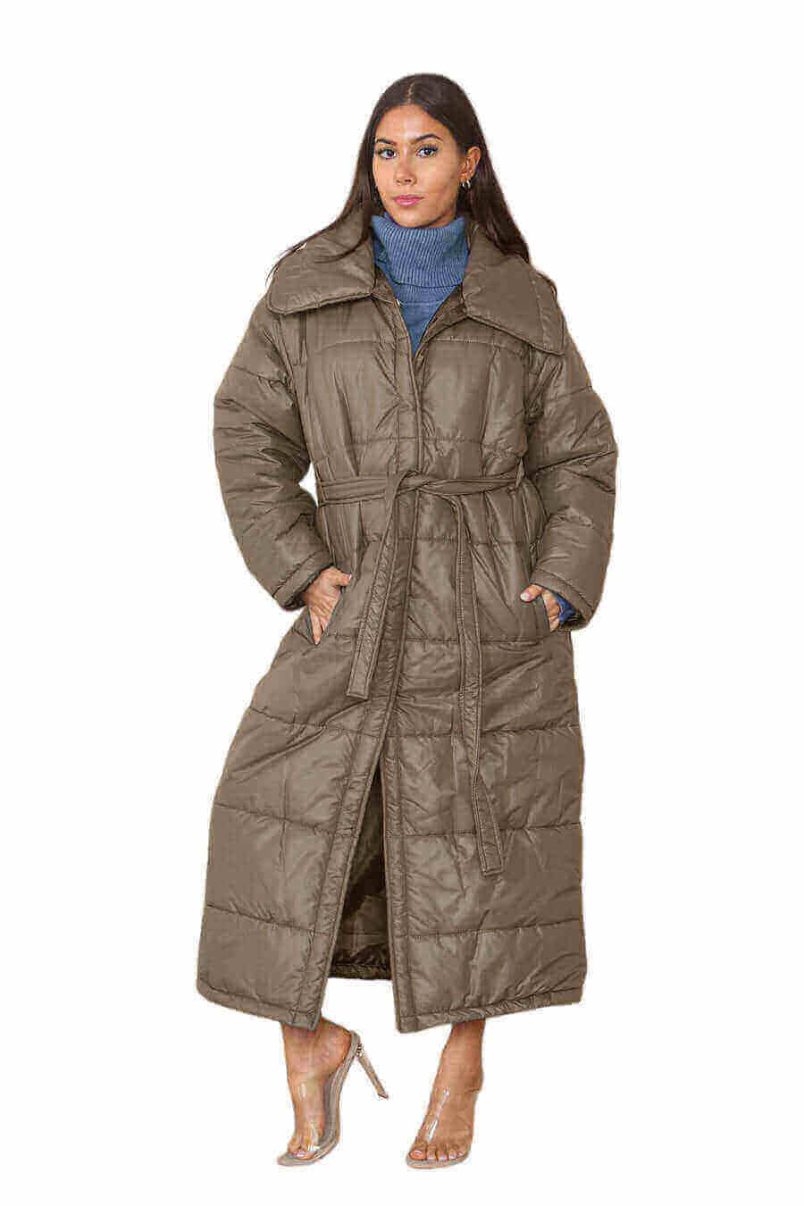 Front View of Chic Long Olive Puffer Coat for Womens