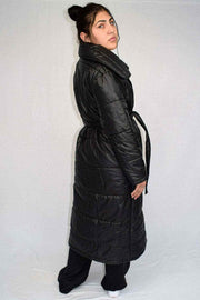Right Side view of Chic Long Black Puffer Coat for Womens