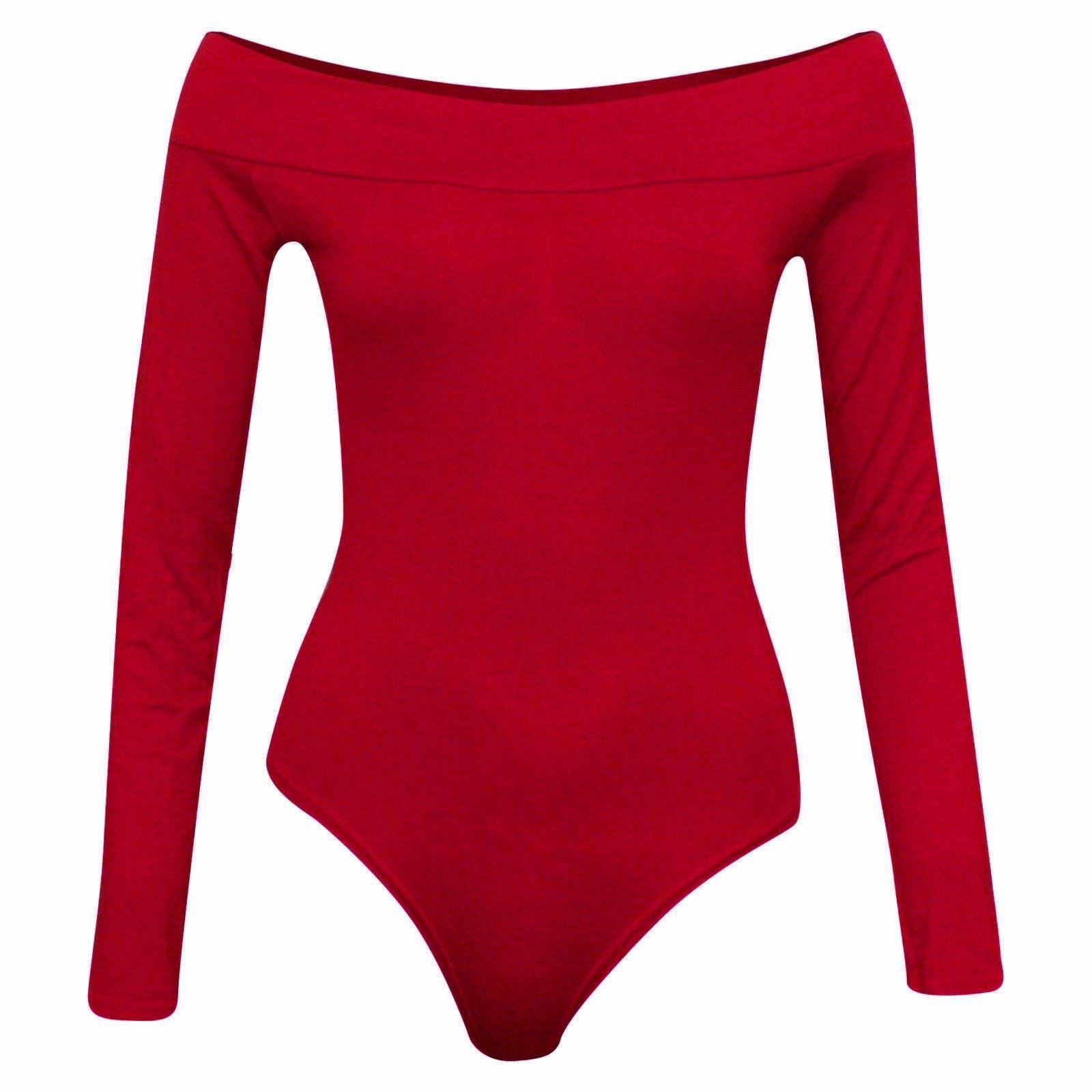 Womens Ladies Off Shoulder Ladies Long Sleeves Top Plain Stretch Bardot Bodysuit Leotard