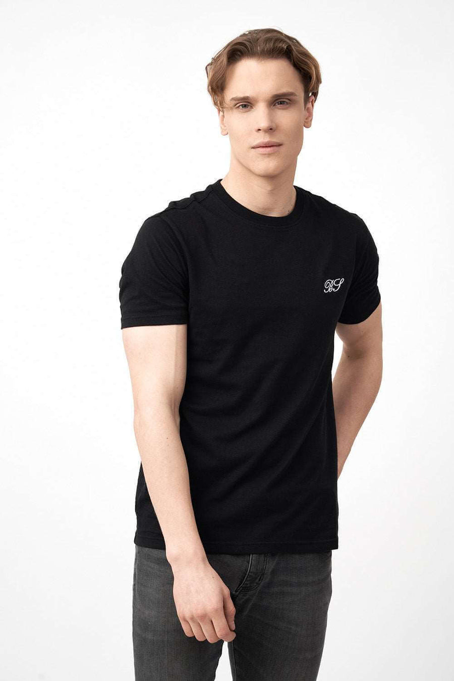 Side Pose of Men's Short Sleeve Shirts in Black with Logo Print