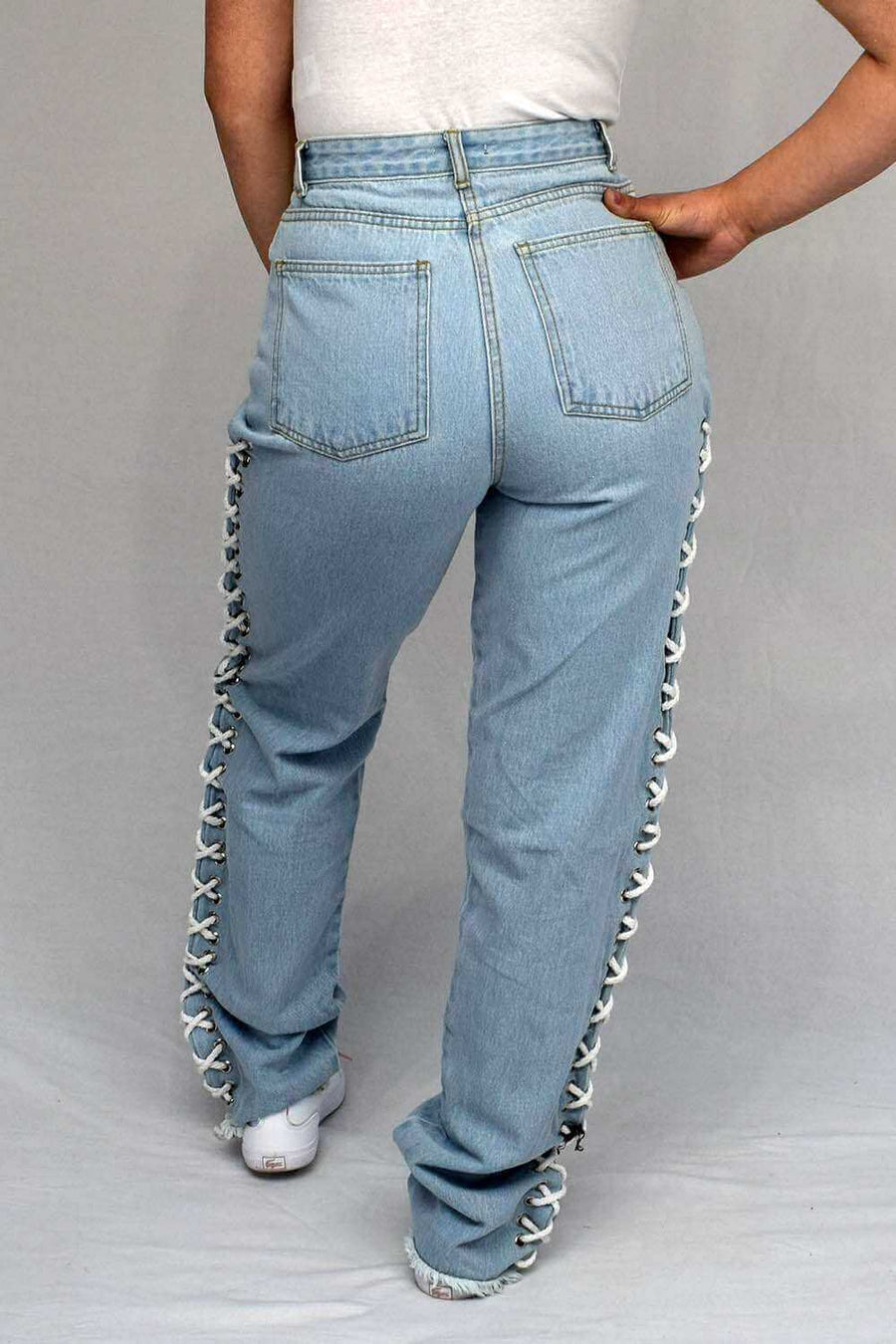 Back View of Side Lace Up Mom Jeans for Women