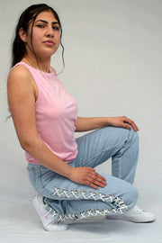Creative Look of Side Lace Up Mom Jeans for Women