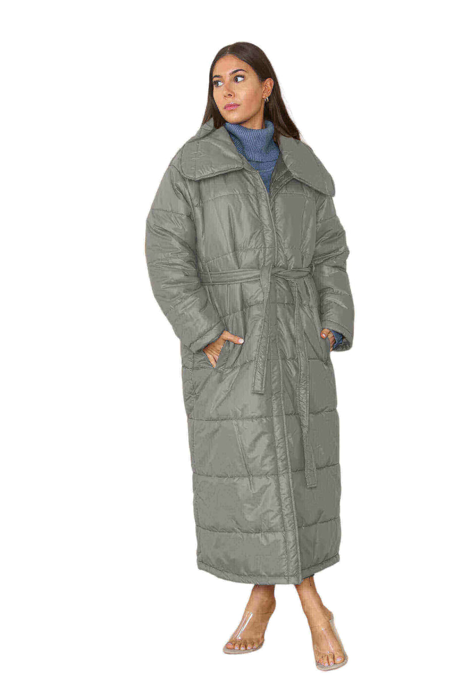 Front View of Chic Long Charcoal Puffer Coat for Womens