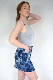 Right Side View of Bleached Denim Tie & Dye Style Women's Mini Skirt