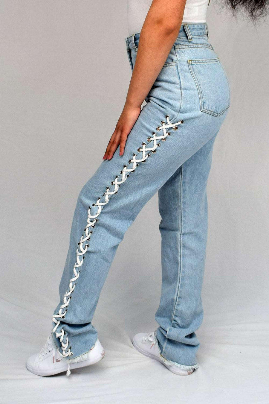 Left Side View of Side Lace Up Mom Jeans for Women