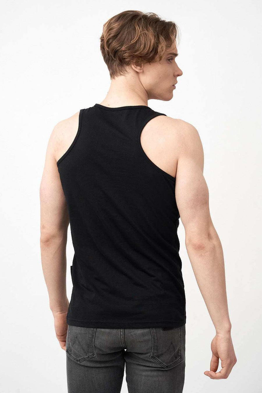 Back View of Men's Basic Vest Top in Black