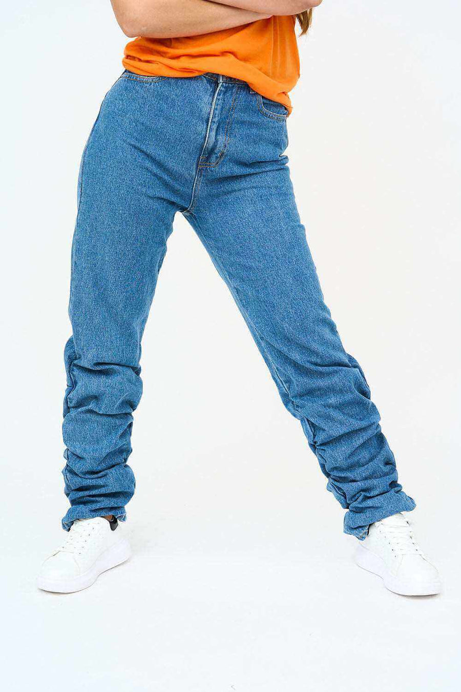 Close View of Womens High Ruched Straight Leg Jeans