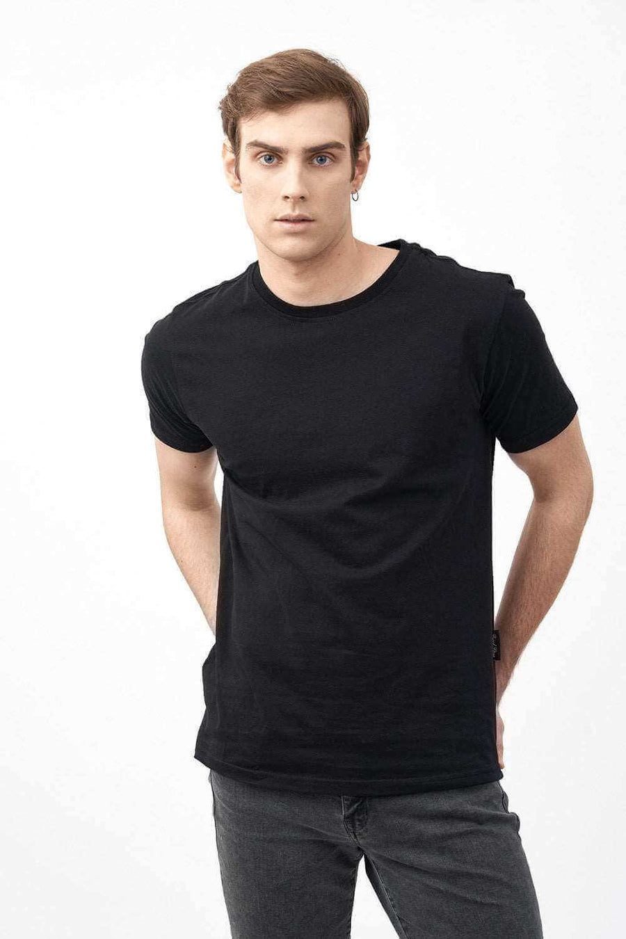 Front Pose of Crew Neck Men's Short Sleeve Shirts in Black