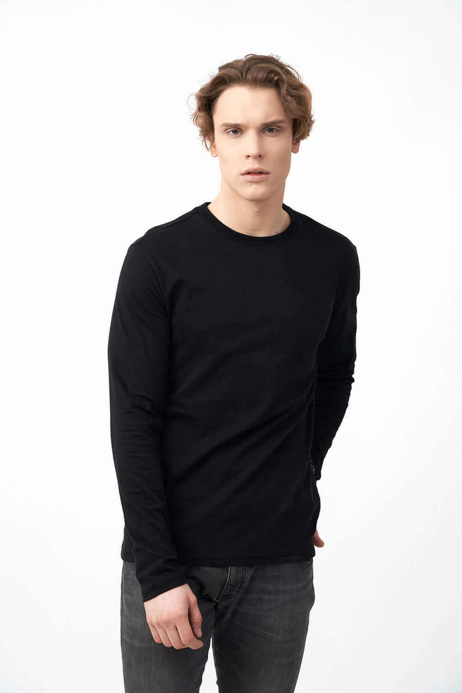 Front View of Crew Neck Long Sleeve Men's Shirts in Black