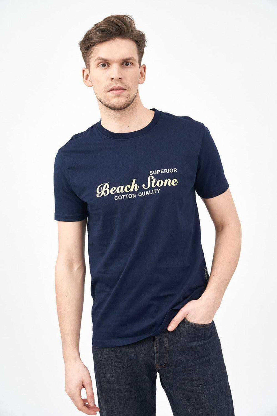 Front Pose of Men's Short Sleeve Shirt in Navy Blue