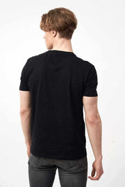 Back View of Men's Short Sleeve Shirts in Black with Logo Print