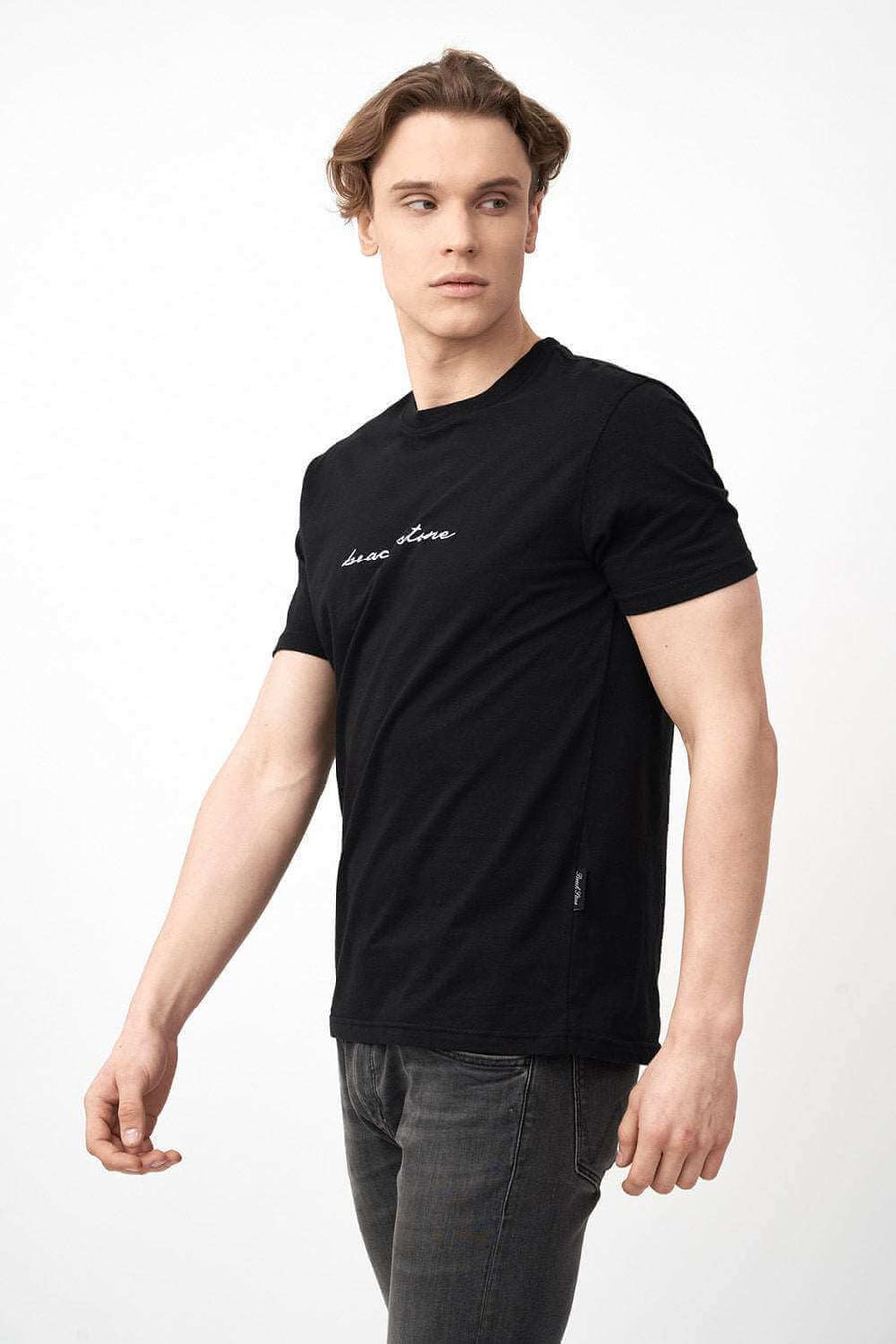 Side View of Men's Short Sleeve Shirts in Black with Embroidered Logo