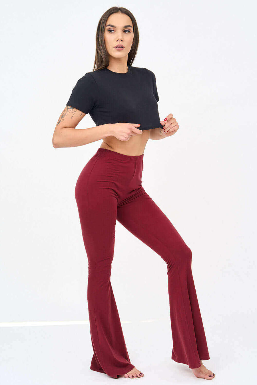 Front View of Womens Bell Bottom Leggings in Maroon
