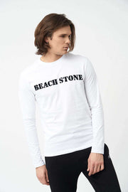 Little Bit Side Pose of Crew Neck Long Sleeve Men's Shirts in White