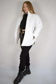 Left Side View of Long Sleeves Oversized White Puffer Jacket for Women