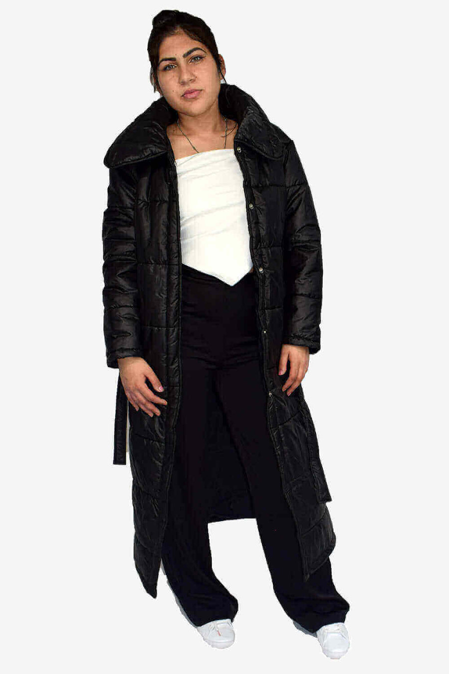 Front View of Chic Long Black Puffer Coat for Womens