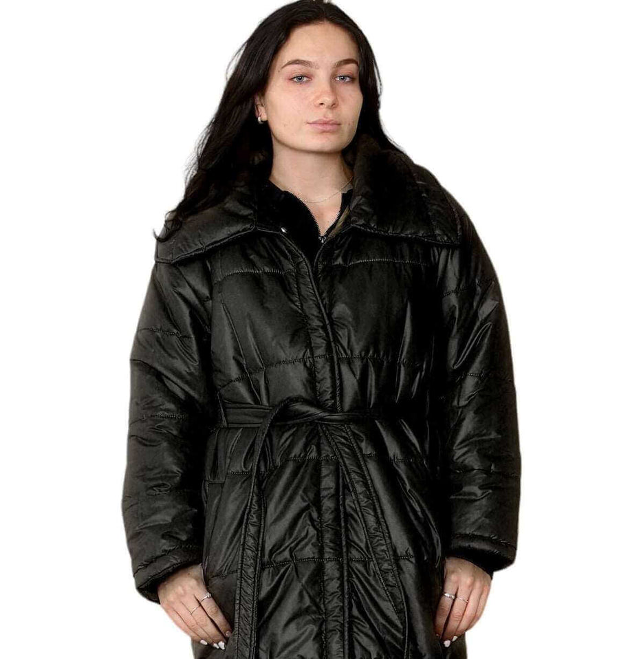 Front Close Pose of Unique Long Black Puffer Coat for Womens