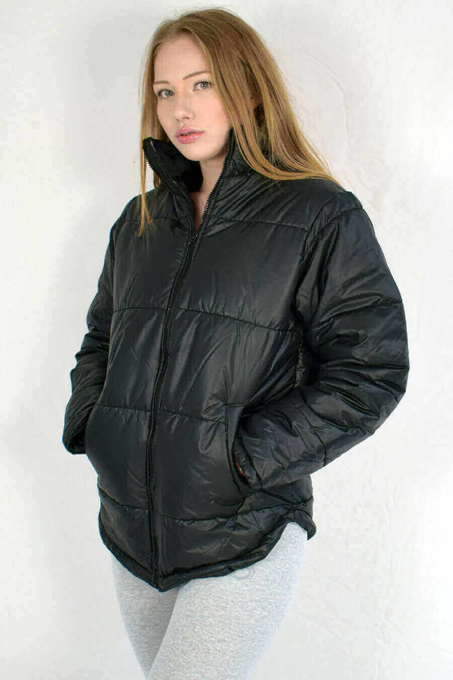 Left Side View of Zipped Black Puffer Jacket for Womens