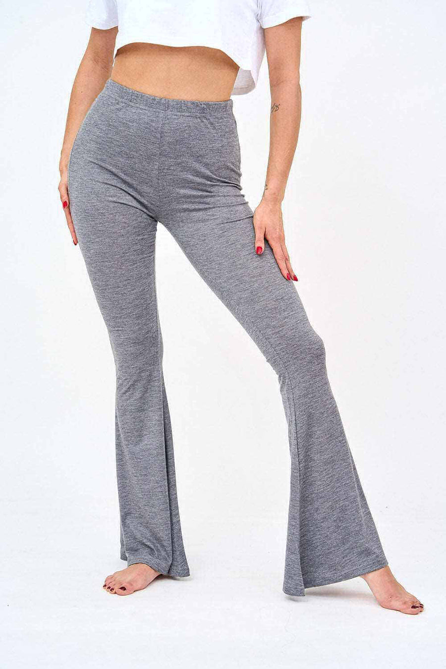 Close View of Womens Bell Bottom Leggings in Grey