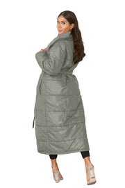 Side View of Chic Long Charcoal Puffer Coat for Womens