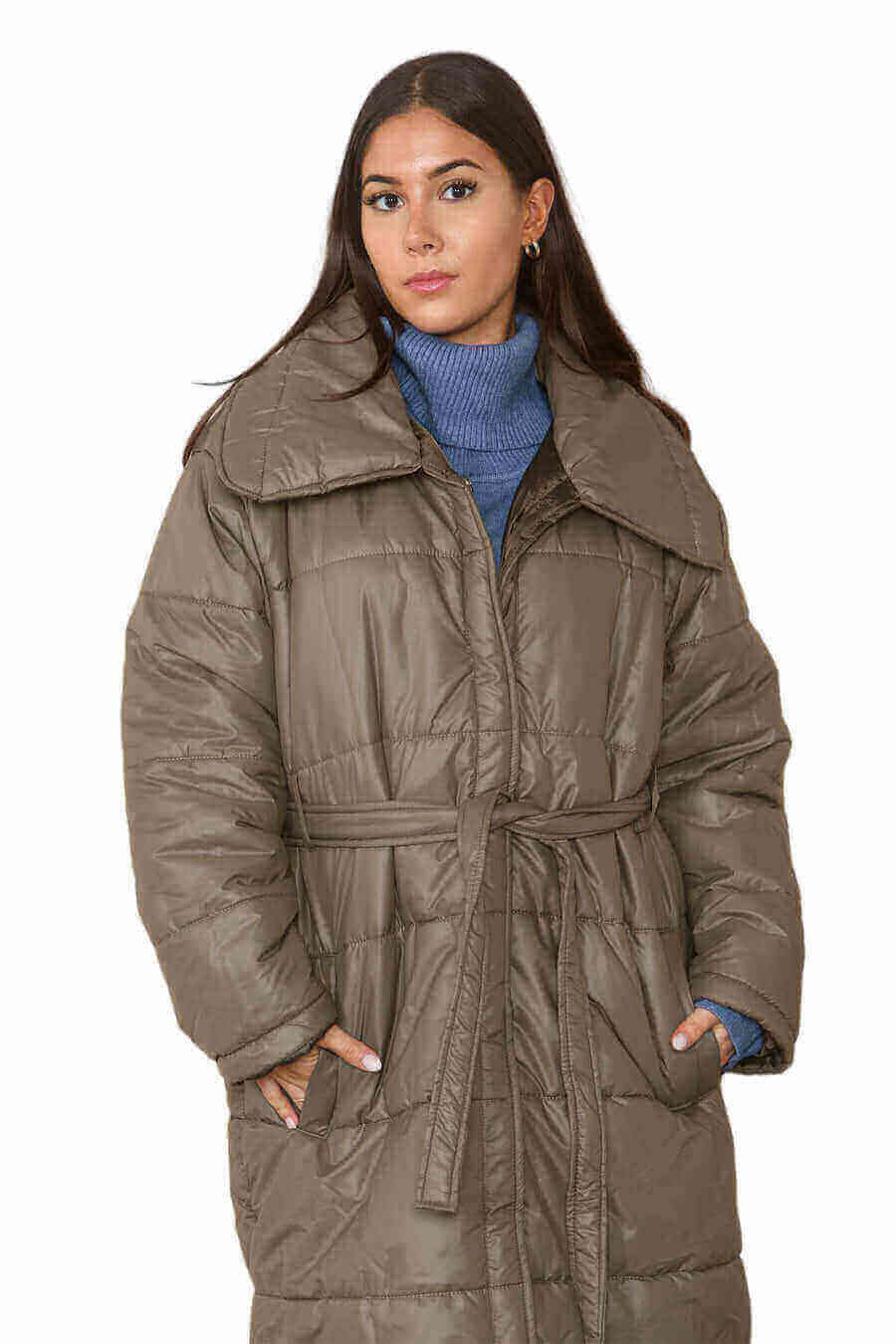 Close View of Chic Long Olive Puffer Coat for Womens