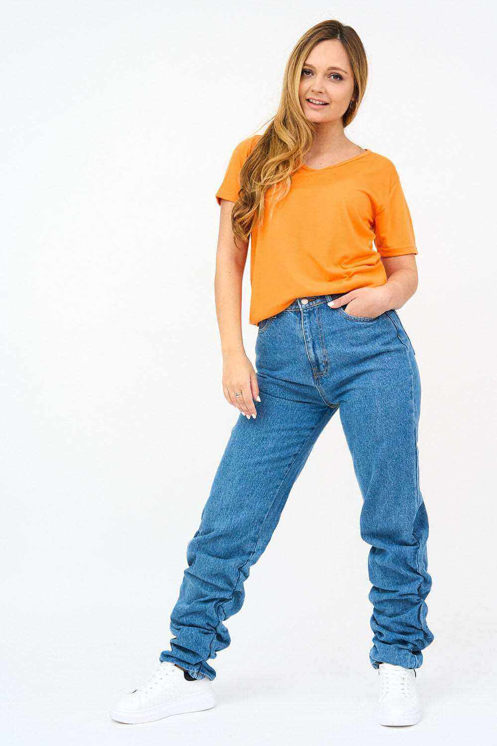 Front View of Womens High Ruched Straight Leg Jeans