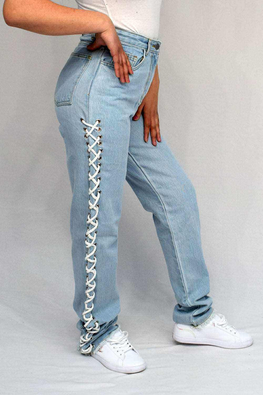 Right Side of Side Lace Up Mom Jeans for Women