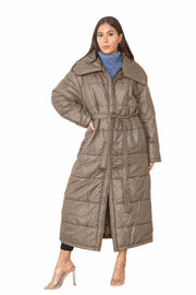 Front View of Chic Long Olive Puffer Coat for Womens