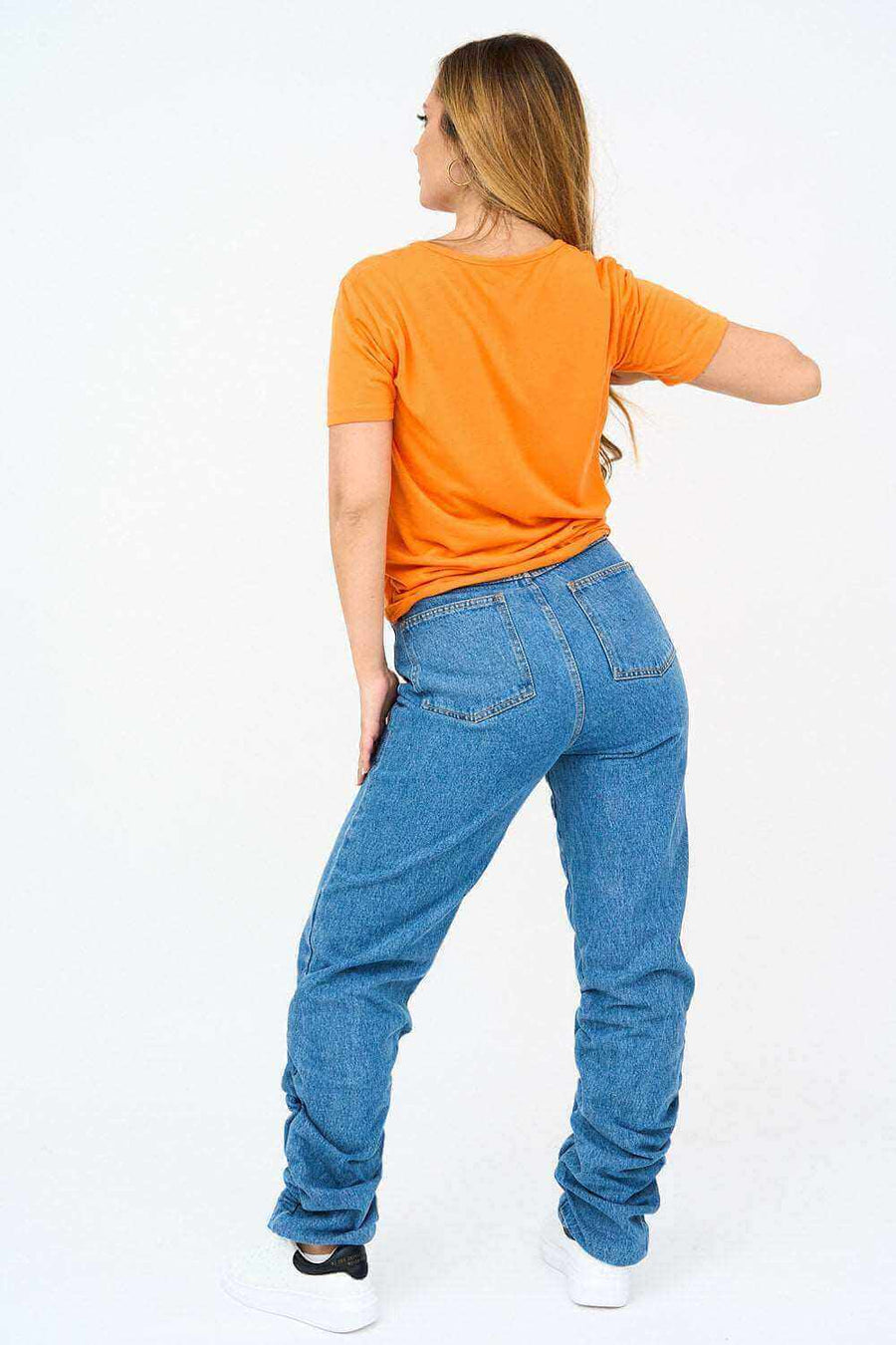 Back View of Womens High Ruched Straight Leg Jeans