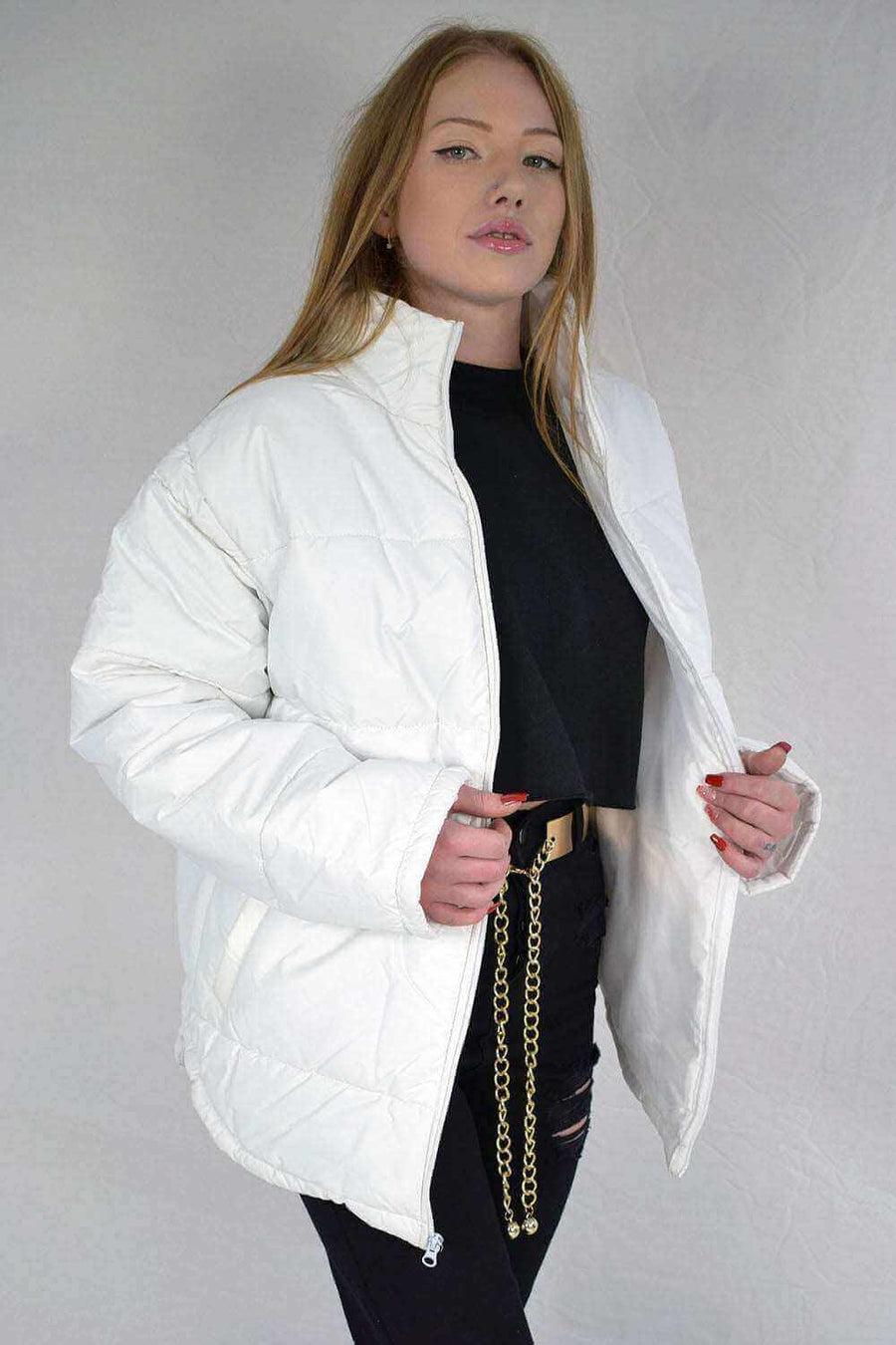 Right Side View of Long Sleeves Oversized White Puffer Jacket for Women