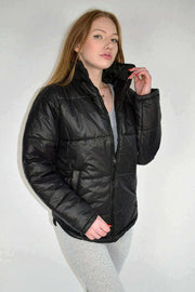 Right Side View of Zipped Black Puffer Jacket for Womens