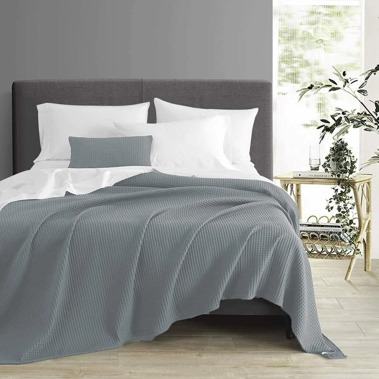 Cooling Cotton Waffle King Size Blanket - Lightweight Breathable Blanket of Rayon Derived from Bamboo for Hot Sleepers, Luxury Throws for Bed, Couch and Sofa, Dark Grey, 104x90 Inches