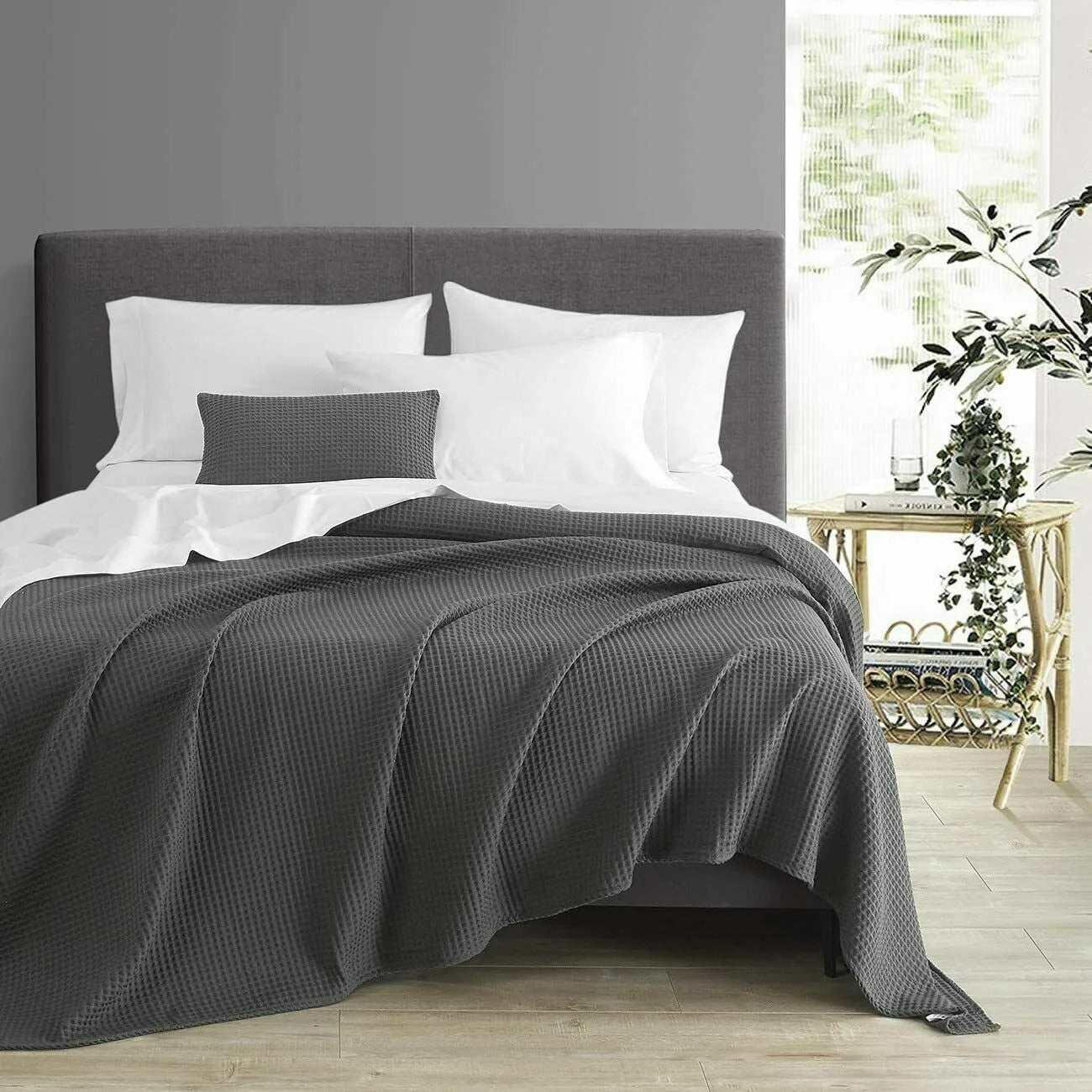 Cooling Cotton Waffle King Size Blanket - Lightweight Breathable Blanket of Rayon Derived from Bamboo for Hot Sleepers, Luxury Throws for Bed, Couch and Sofa, Dark Grey, 104x90 Inches