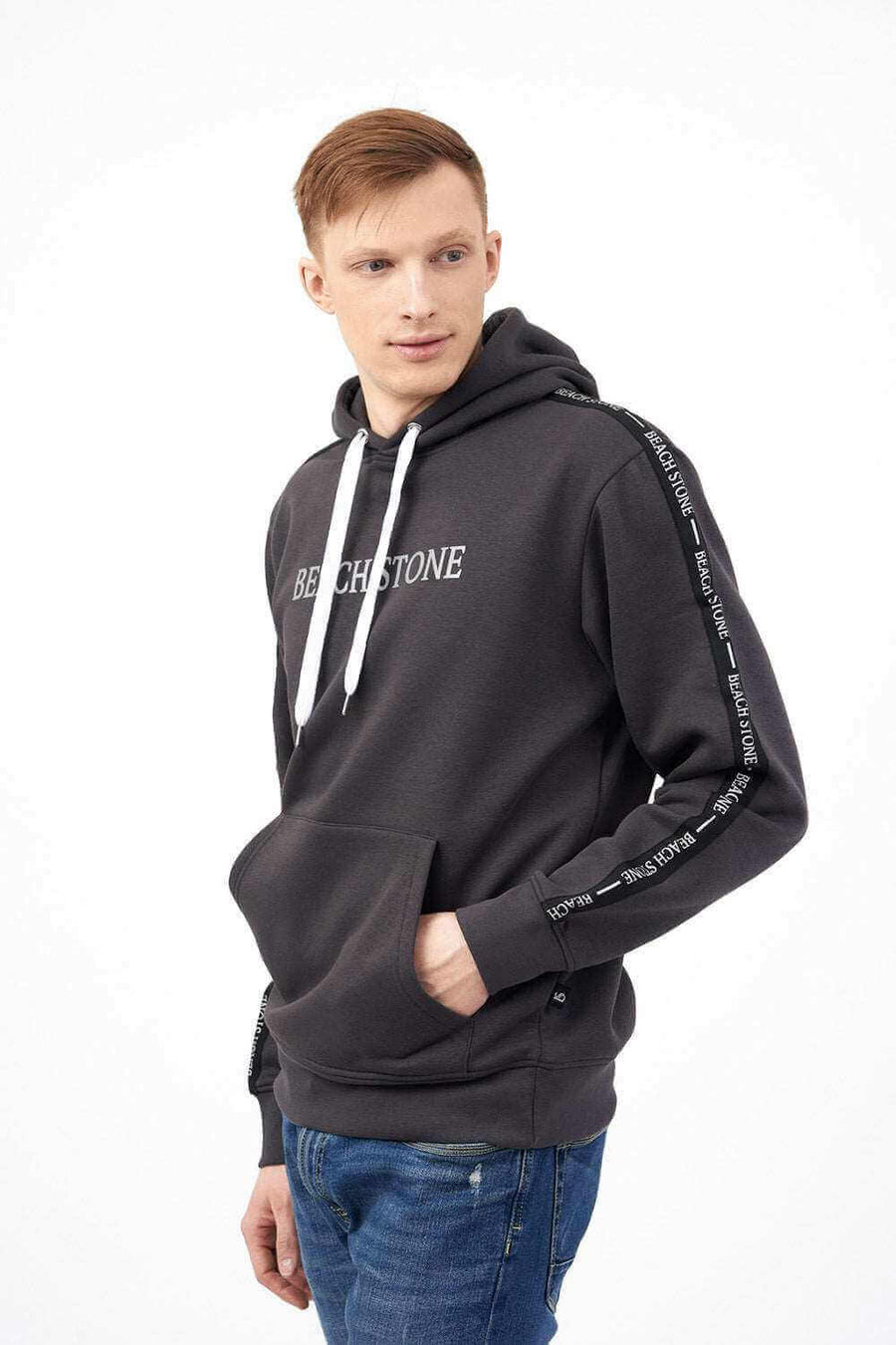 Side View of Men's Fleece Hoodie with Side Tape at Sleeves 