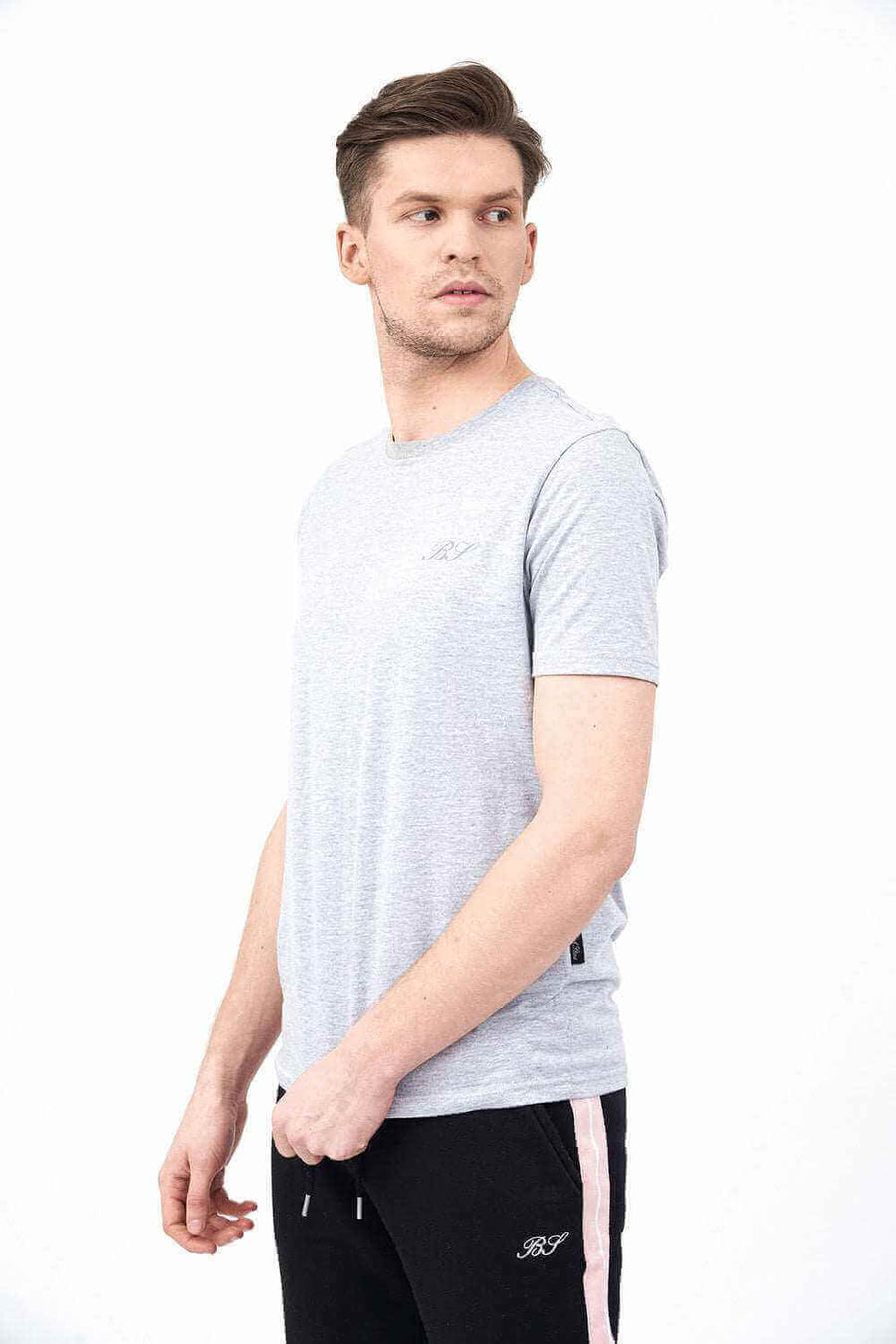 Left Side View of Men's Short Sleeve Shirts in Grey