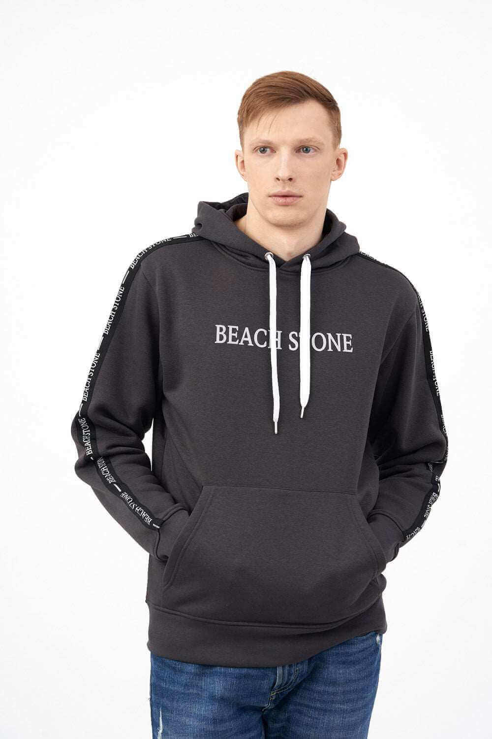 Front View of Men's Fleece Hoodie with Side Tape at Sleeves 