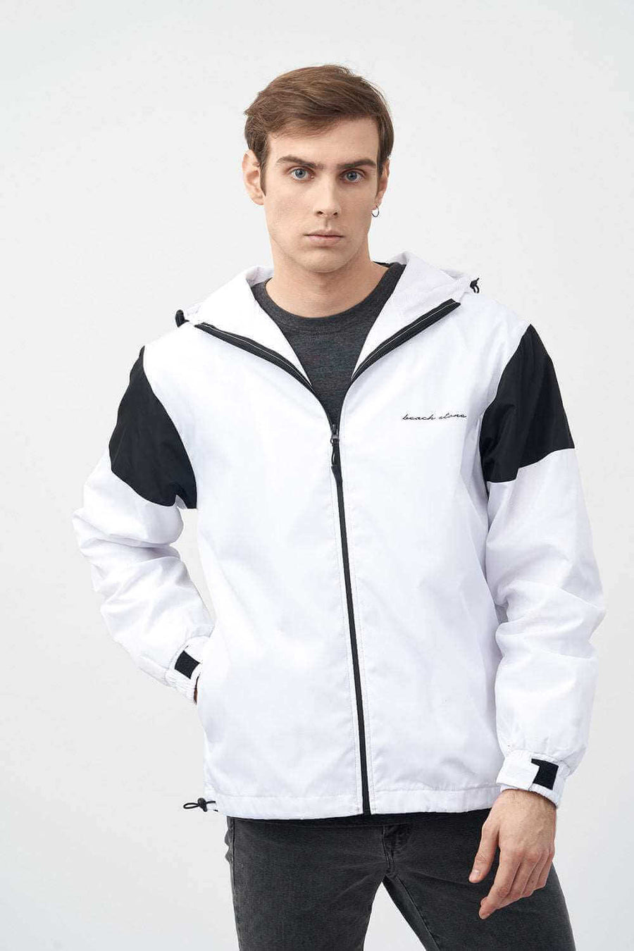 Front View of Contrast Panel Zipped Men's Hooded Jacket
