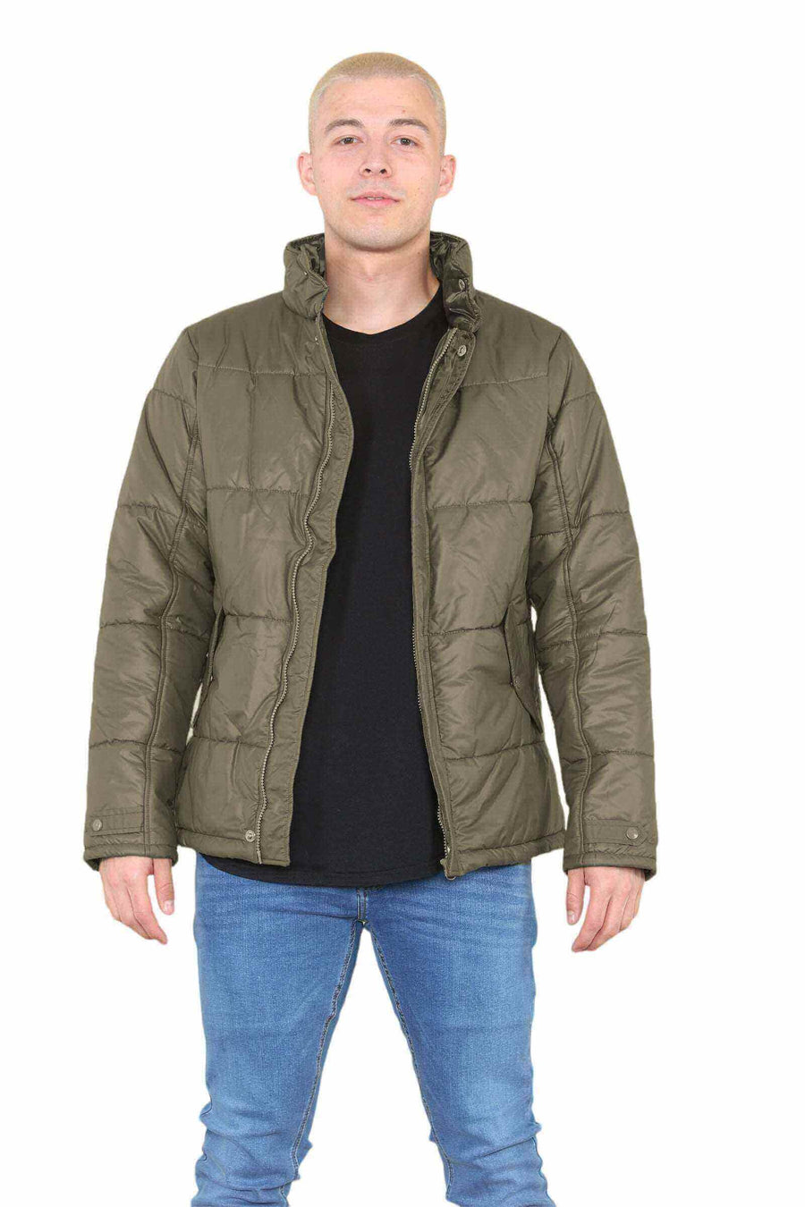 Front View of Mens Puffer Jacket in Olive