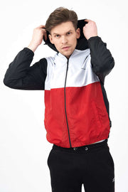 Hooded Front View of Zipped Colour Block Men's Hooded Jacket