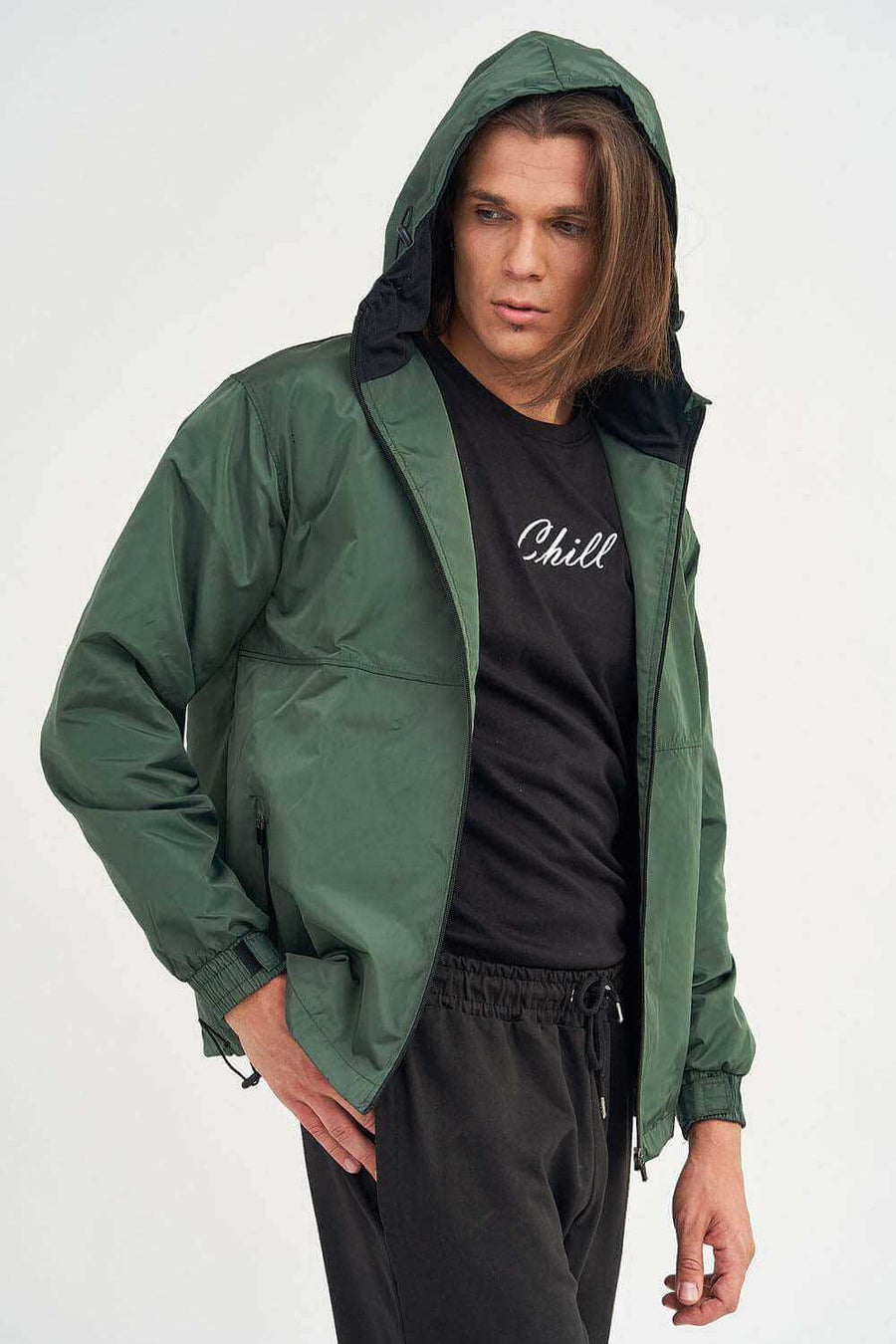 Side View of Zipped Men's Hooded Jacket with Adjustable Cuffs