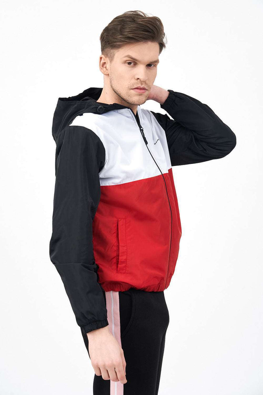Side View of Zipped Colour Block Men's Hooded Jacket