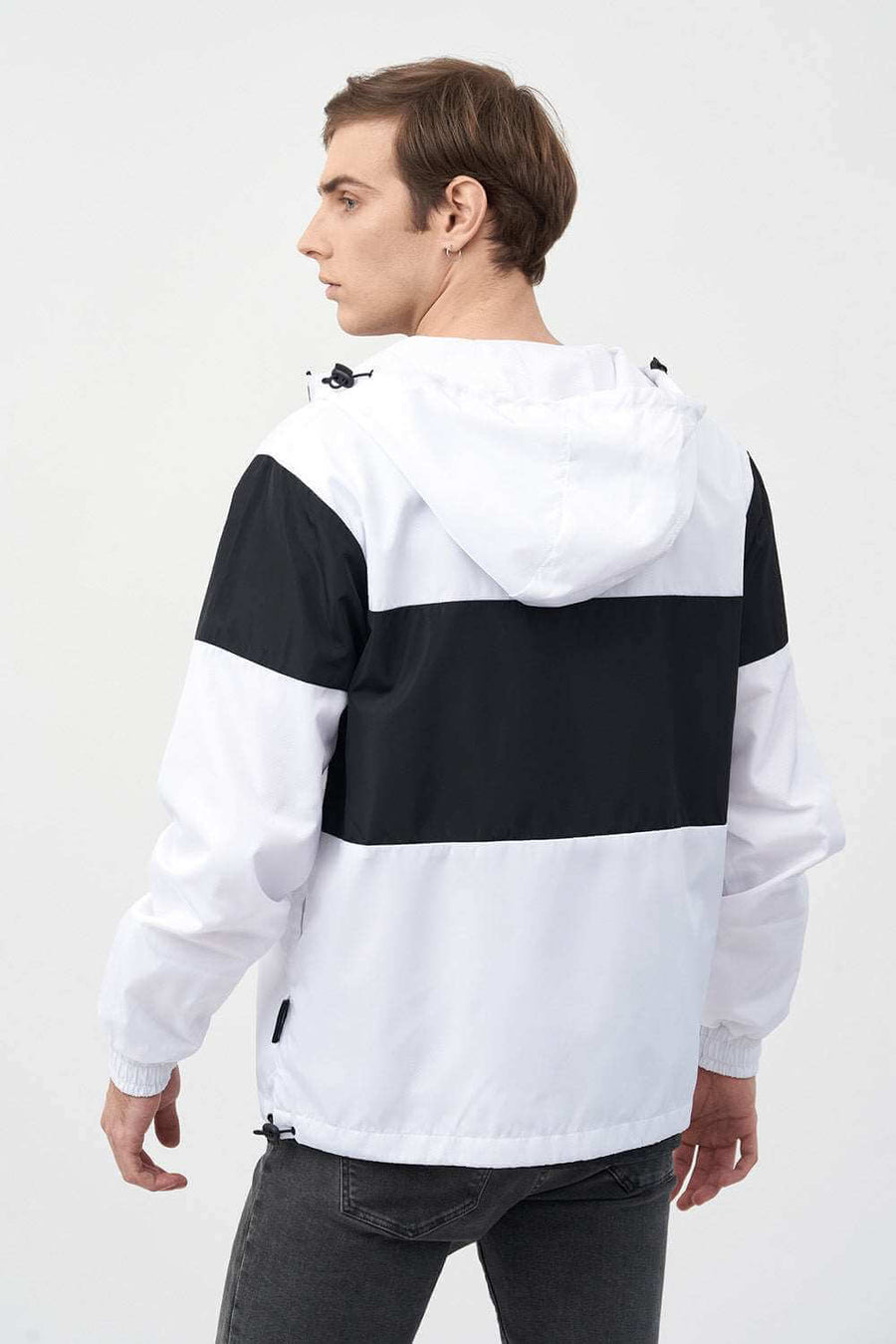 Back View of Contrast Panel Zipped Men's Hooded Jacket